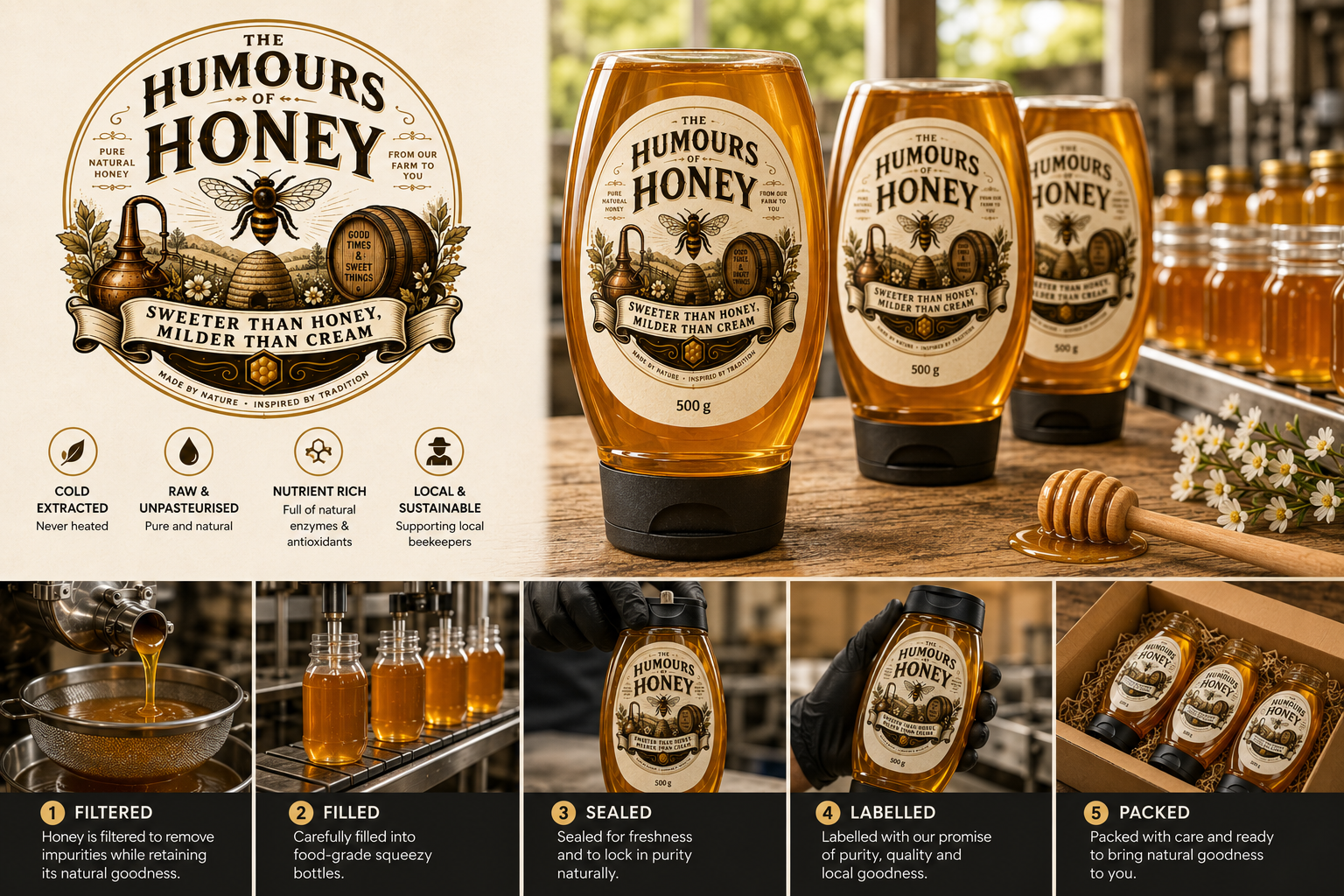 Bottled honey jars prepared for quality checks