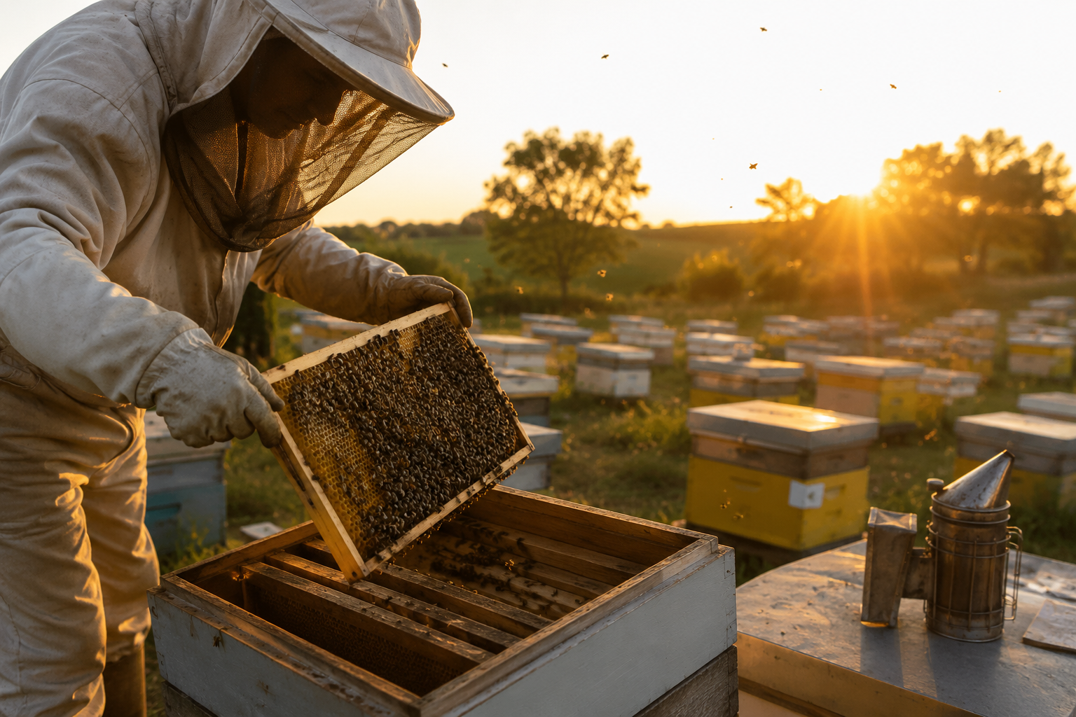 Beekeeper opening a hive at sunrise